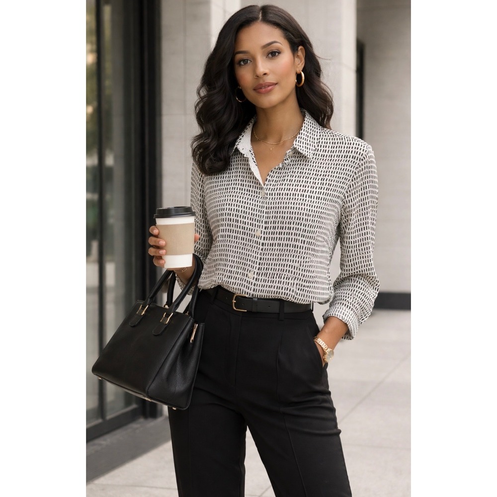 Ann Taylor Black White Geometric Dash Print Button Down Blouse Size 12 Office